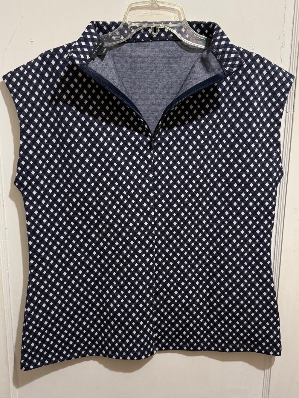 Ann Taylor Navy and White Sleeveless High-Neck Check Blouse - Picture 5 of 9